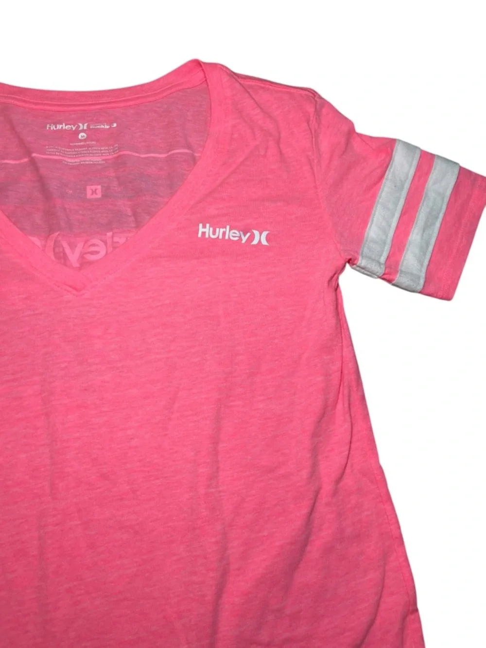 Hurley Y2K Neon Pink Graphic Tee Striped Sleeves Logo Surf Skater Women’s Medium - Picture 10 of 12